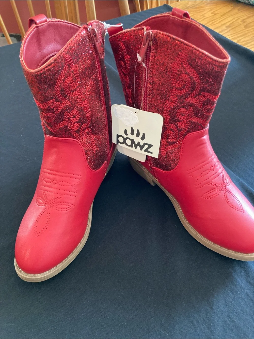 NWT PAWZ Girls Red Sparkle Glitter Western Cowboy Boots Side Zip Girls Sz 3